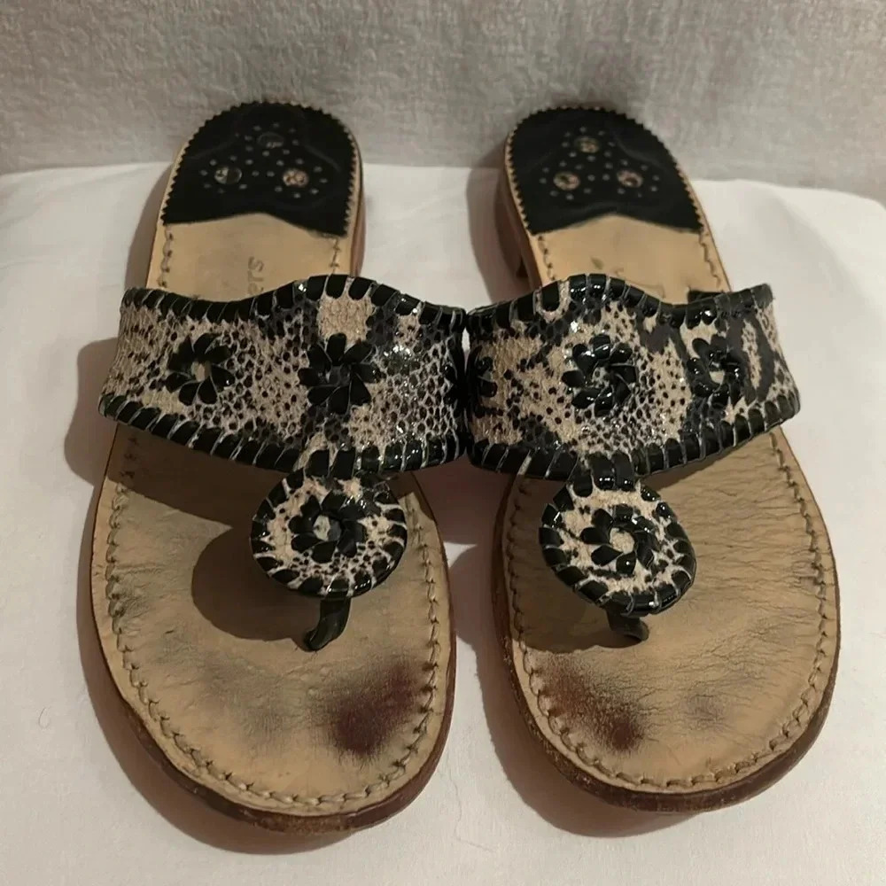 Jack Rogers Women's Snake Skin Tan Black Patent Sandals Flip Flops Size 8M - Picture 1 of 16